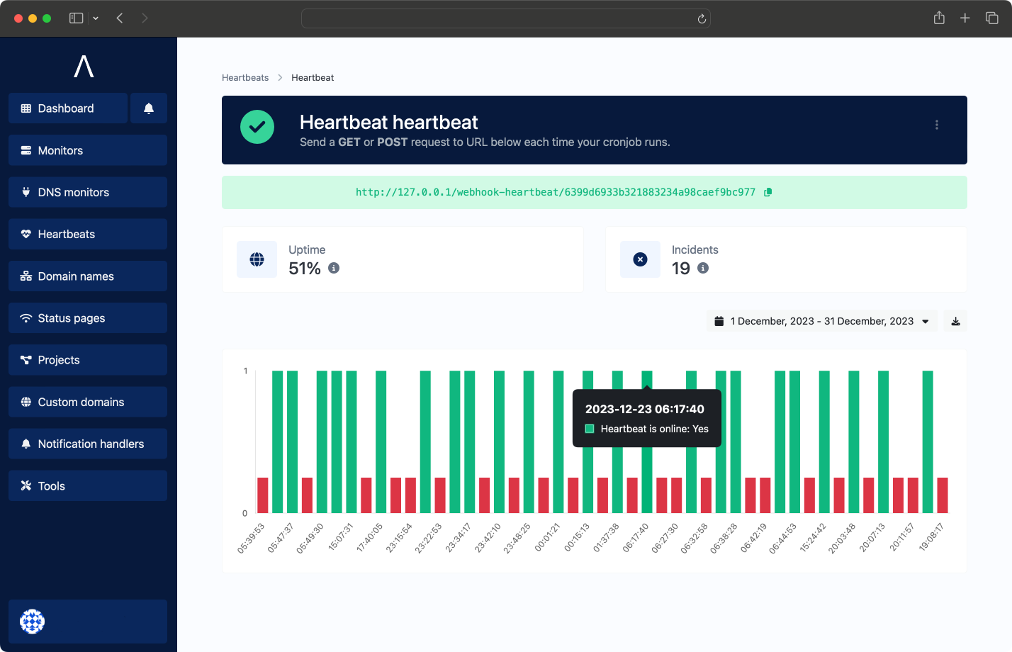 Screenshot of the app heartbeat monitor page