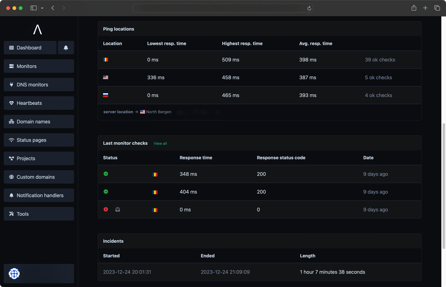 Screenshot of the app monitors incidents page